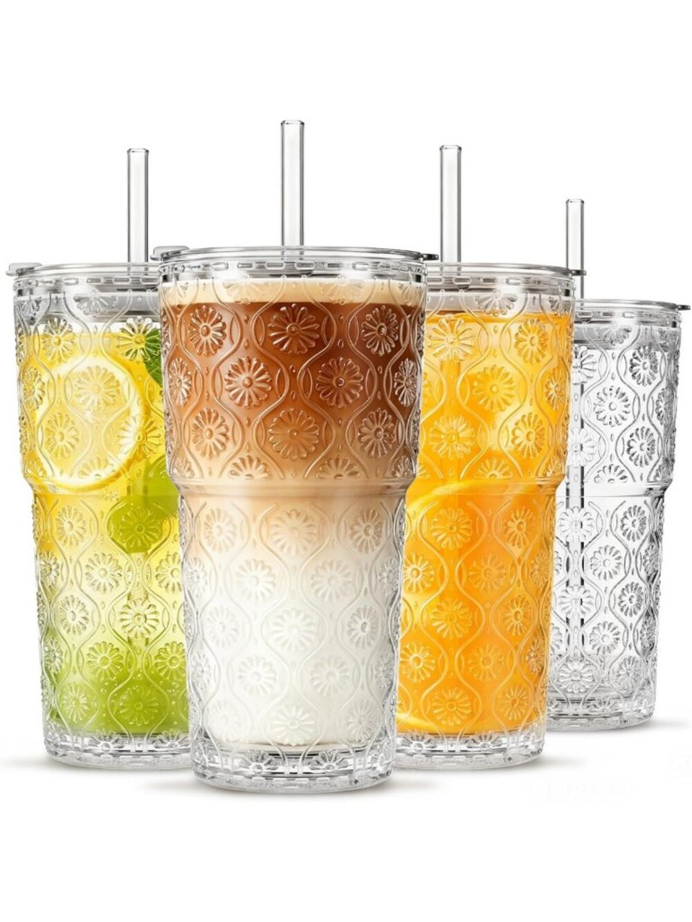 Set of 4 Begonia Flower Glass Tumblers - 20 oz Iced Coffee Cups, Stylish
